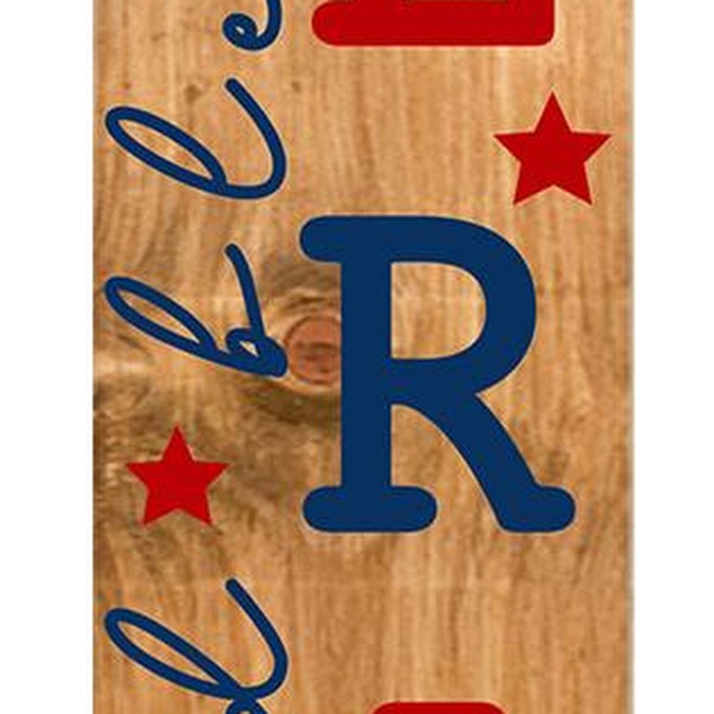 59" Natural Red And Blue Solid Wood God Bless America Porch Sign. Outdoor accessories-decor-garden-game isolated on a plain white background, in a tan wood finish.