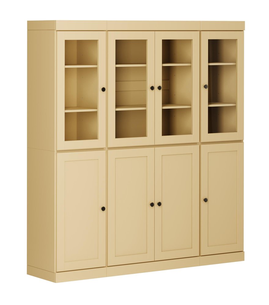 Yellow solid wood storage cabinet with glass-fronted upper cabinets and solid lower cabinet doors.