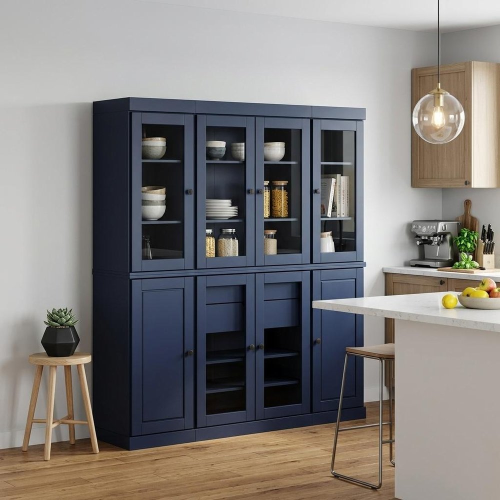 72" Navy Blue Solid Wood 8 Two Drawer Pantry Or Storage Closet