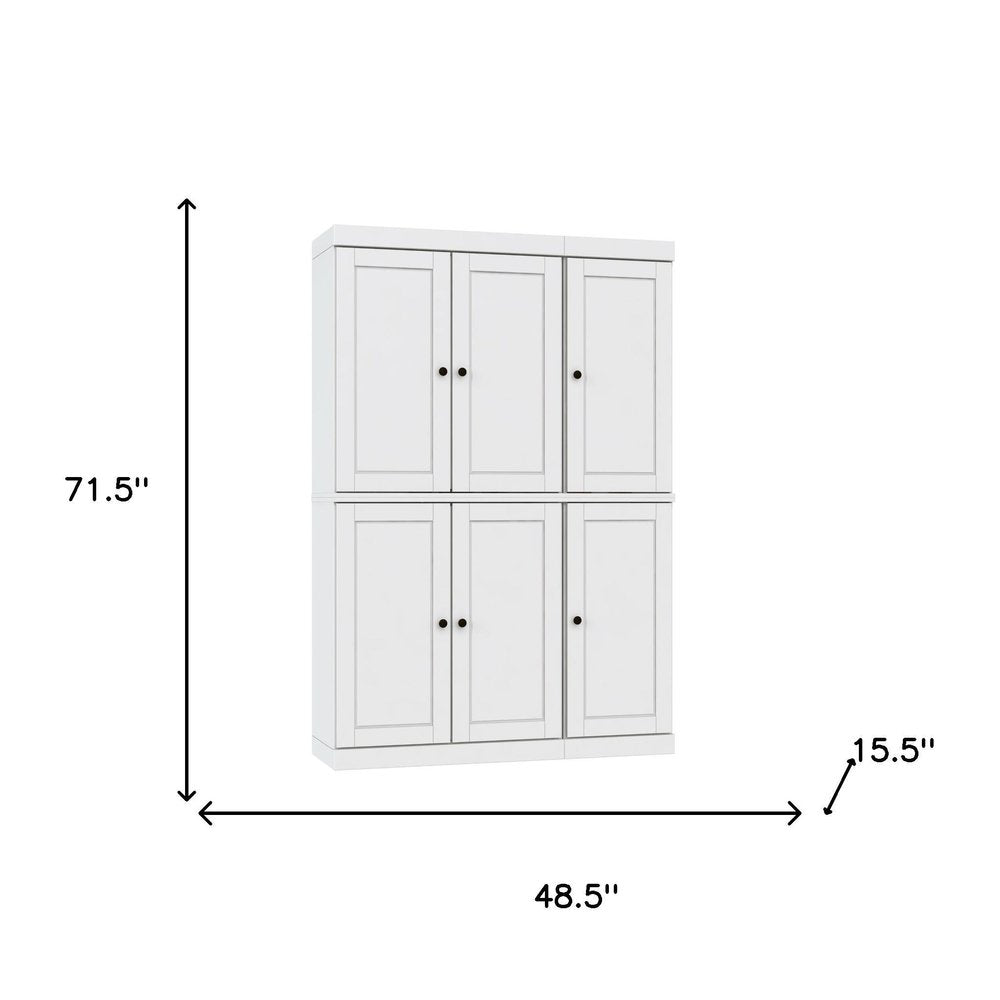 72" White Solid Wood Six Door Two Drawer Pantry Or Storage Closet on a white background