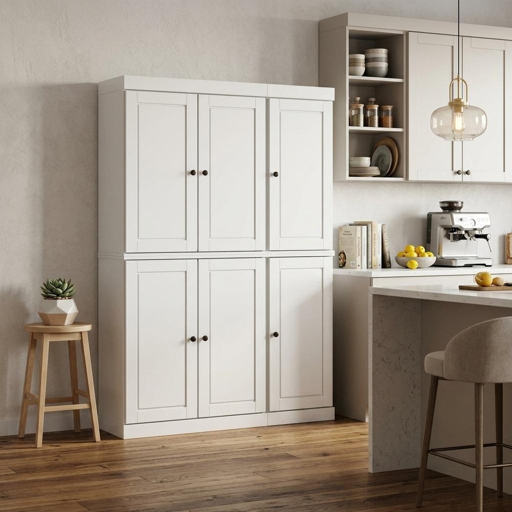 72" White Solid Wood Six Door Two Drawer Pantry Or Storage Closet in a home interior