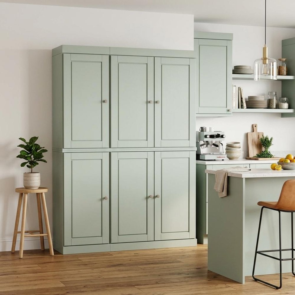 72" White Solid Wood Six Door Two Drawer Pantry Or Storage Closet in a home interior