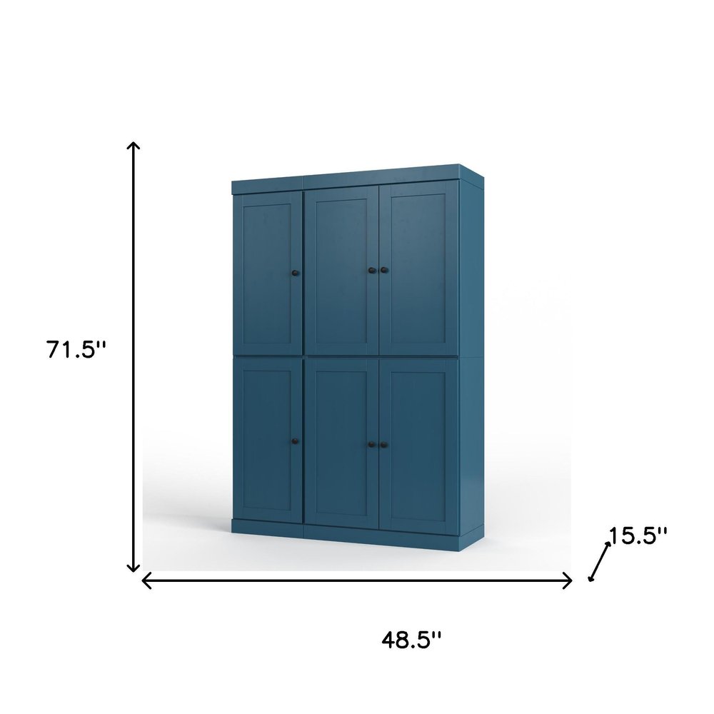 72" White Solid Wood Six Door Two Drawer Pantry Or Storage Closet on a white background