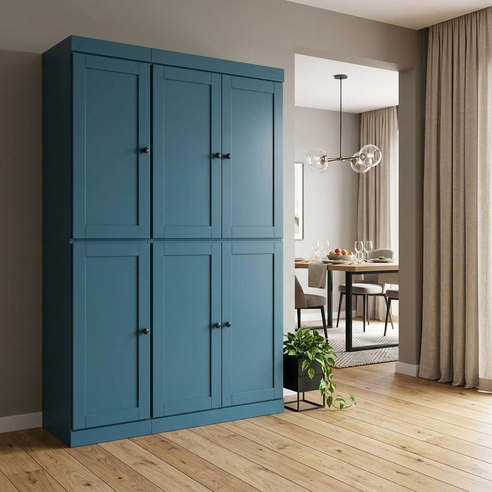 72" White Solid Wood Six Door Two Drawer Pantry Or Storage Closet in a home interior