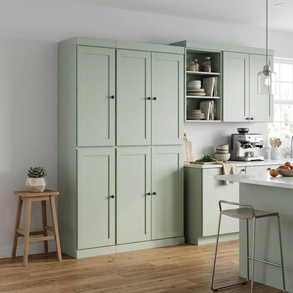 72" White Solid Wood Six Door Two Drawer Pantry Or Storage Closet in a home interior