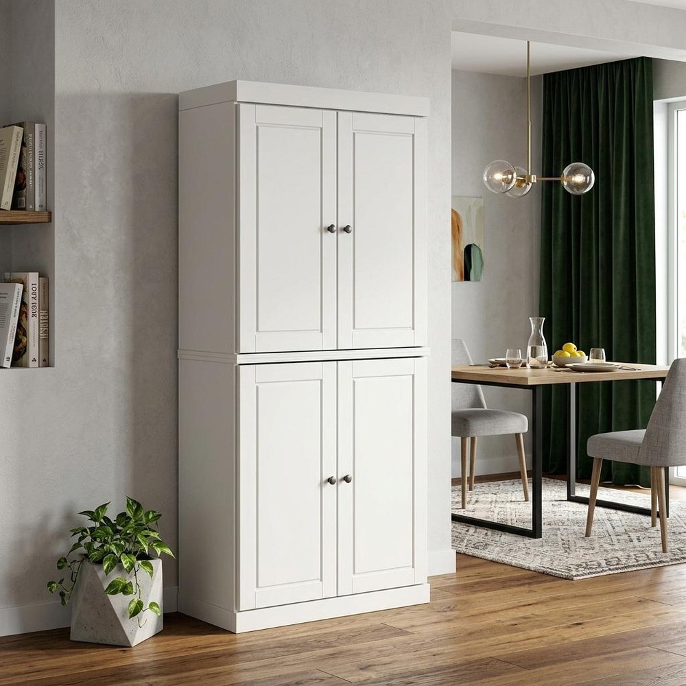 72" Off White Solid Wood Four Door Two Drawer Pantry Or Storage Closet