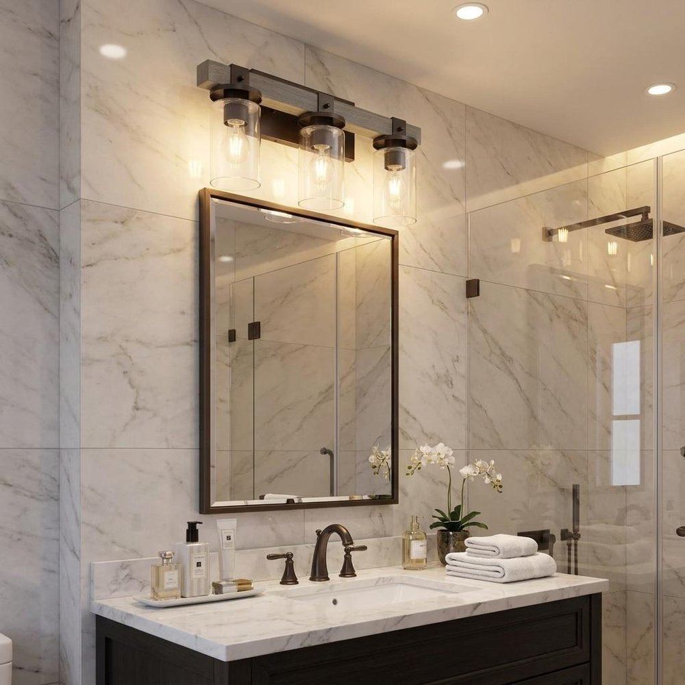 22" Gray Wood Metal And Glass Three Light Bath Bar Vanity Light
