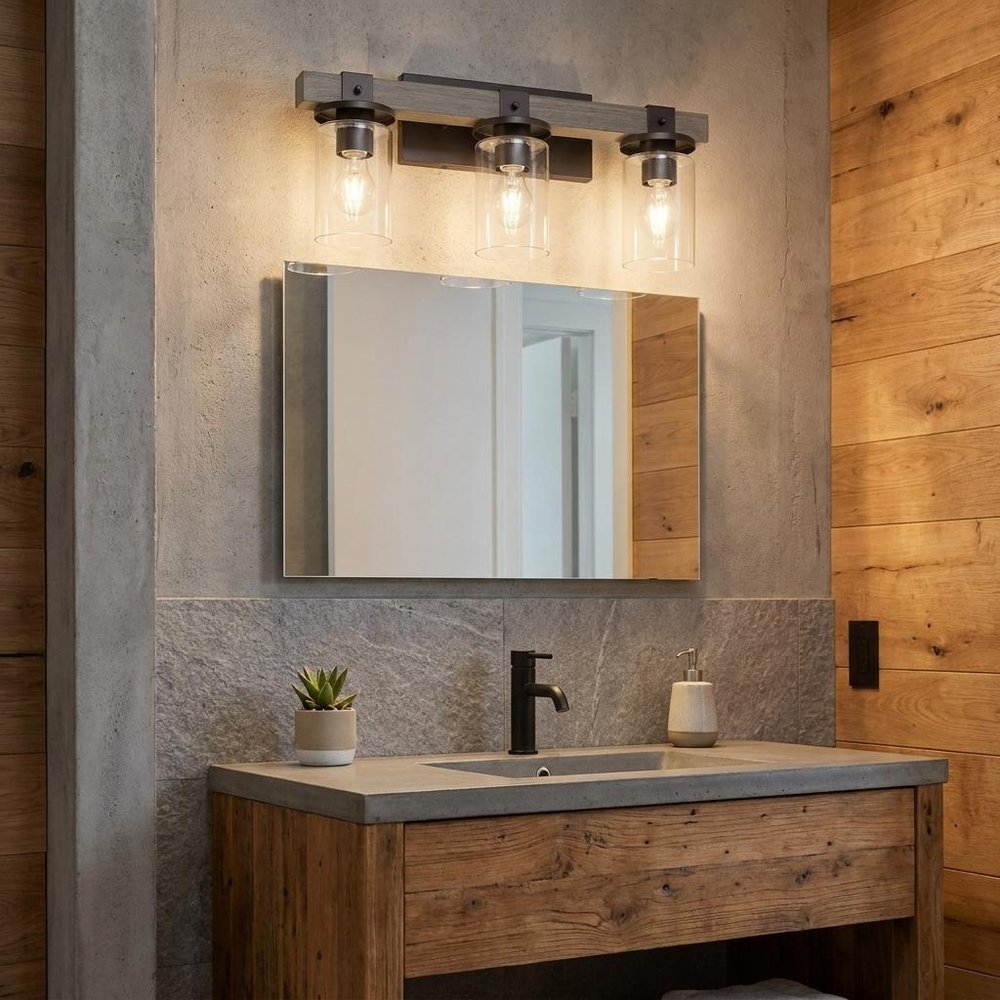 22" Gray Wood Metal And Glass Three Light Bath Bar Vanity Light