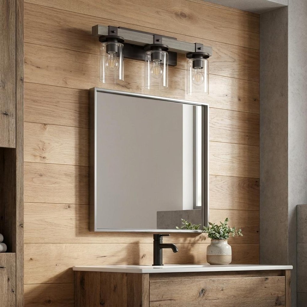 22" Gray Wood Metal And Glass Three Light Bath Bar Vanity Light