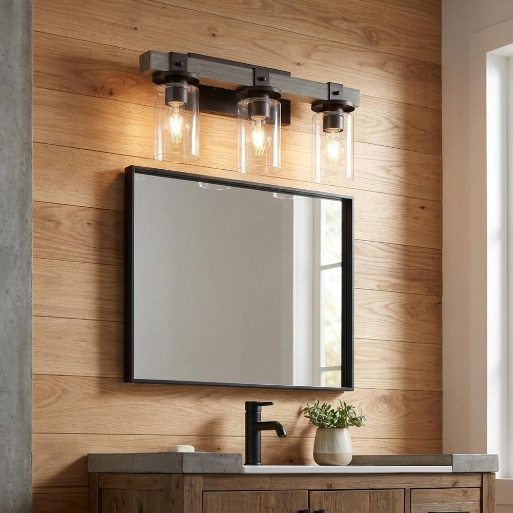 22" Gray Wood Metal And Glass Three Light Bath Bar Vanity Light