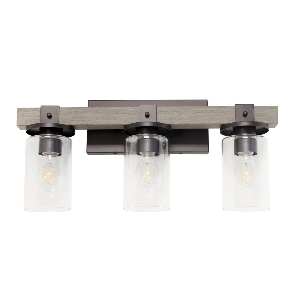 22" Gray Wood Metal And Glass Three Light Bath Bar Vanity Light