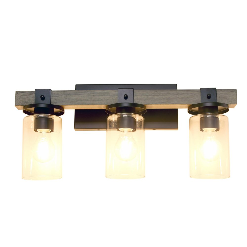 22" Gray Wood Metal And Glass Three Light Bath Bar Vanity Light