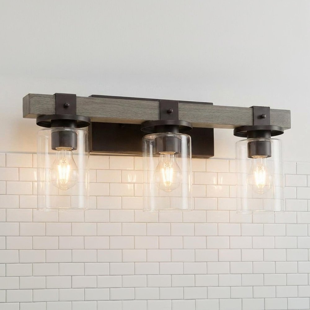 22" Gray Wood Metal And Glass Three Light Bath Bar Vanity Light