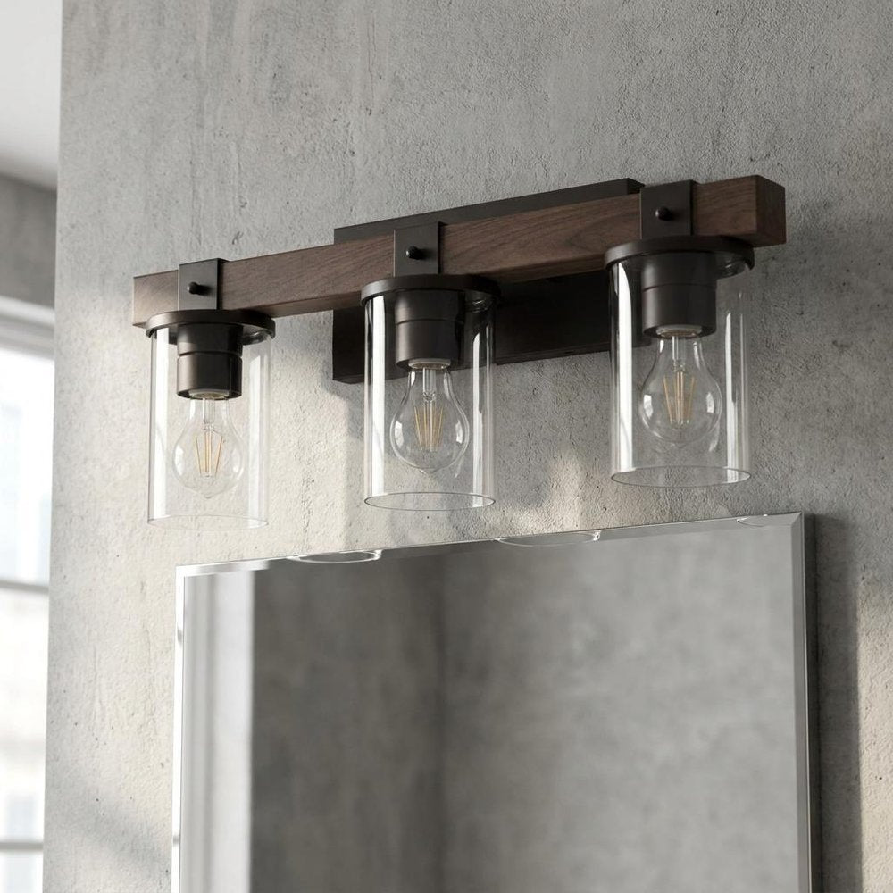 22" Brown Wood Metal And Glass Three Light Bath Bar Vanity Light
