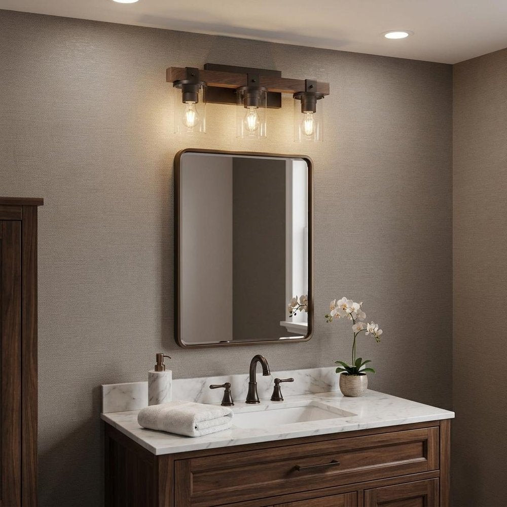 22" Brown Wood Metal And Glass Three Light Bath Bar Vanity Light