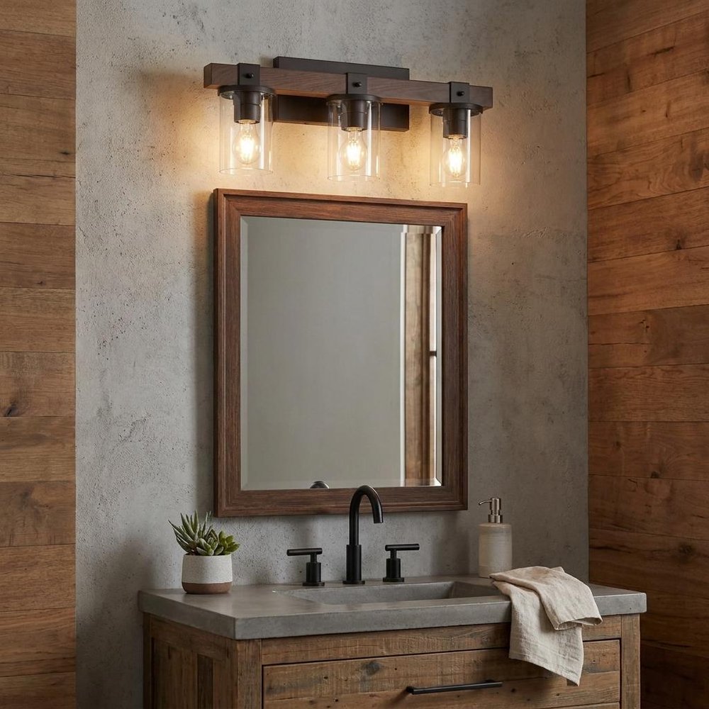 22" Brown Wood Metal And Glass Three Light Bath Bar Vanity Light