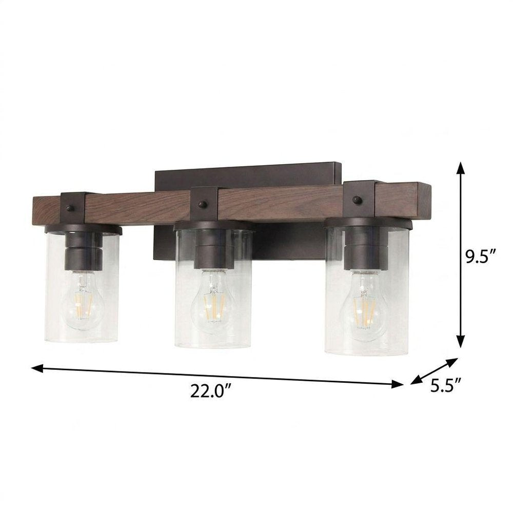 22" Brown Wood Metal And Glass Three Light Bath Bar Vanity Light