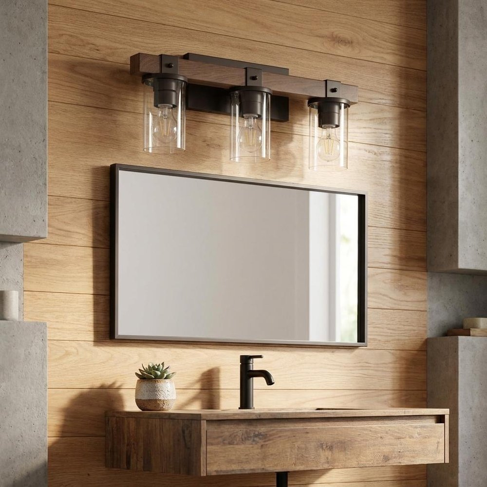 22" Brown Wood Metal And Glass Three Light Bath Bar Vanity Light