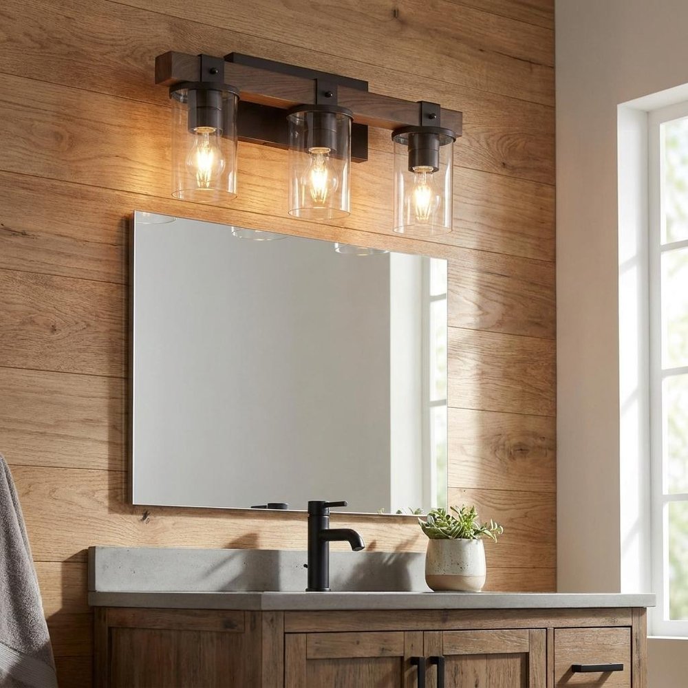 22" Brown Wood Metal And Glass Three Light Bath Bar Vanity Light