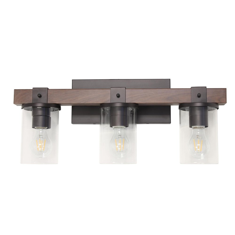 22" Brown Wood Metal And Glass Three Light Bath Bar Vanity Light