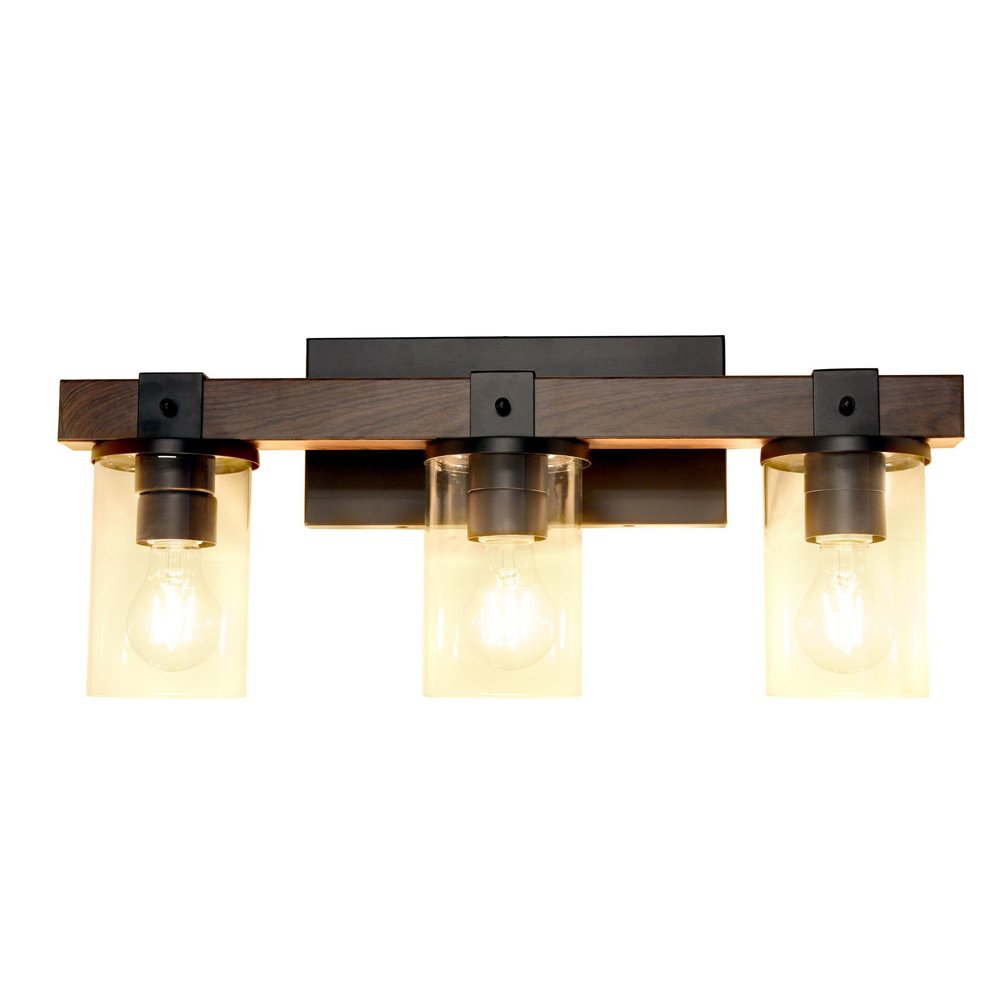 22" Brown Wood Metal And Glass Three Light Bath Bar Vanity Light
