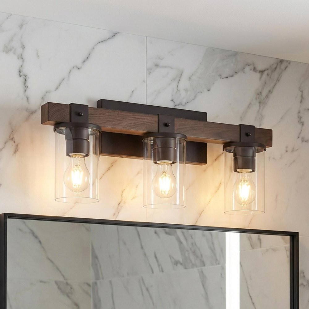22" Brown Wood Metal And Glass Three Light Bath Bar Vanity Light