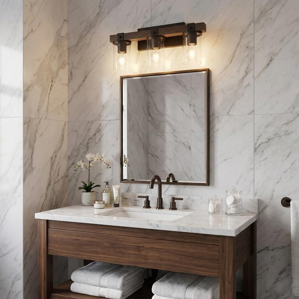 22" Brown Wood Metal And Glass Three Light Bath Bar Vanity Light
