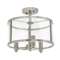 Silver Metal Three Light Drum Transparent and Glass Semi-Flush Ceiling Light With Clear Shades on a white background