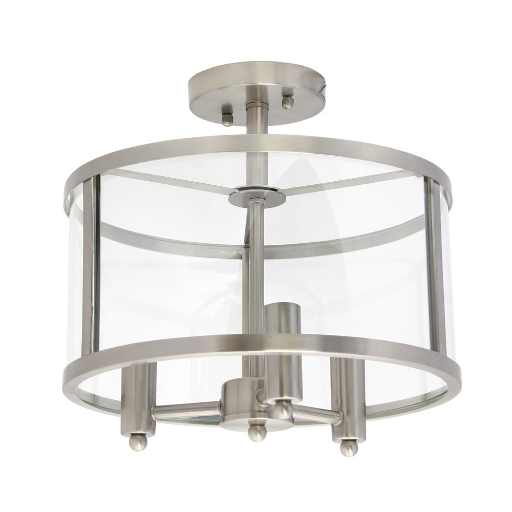 Silver metal semi-flush ceiling light with clear glass shade and three lights against a white background.