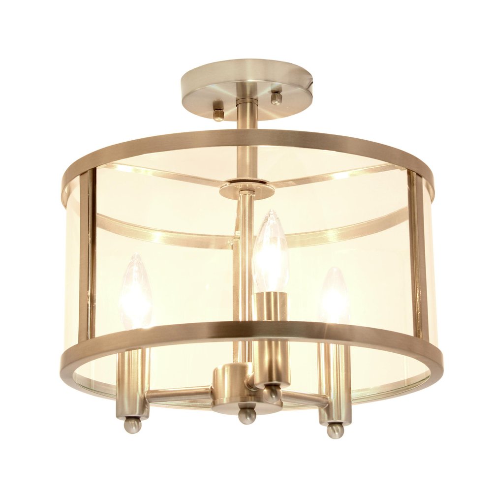 Silver Metal Three Light Drum Transparent and Glass Semi-Flush Ceiling Light With Clear Shades