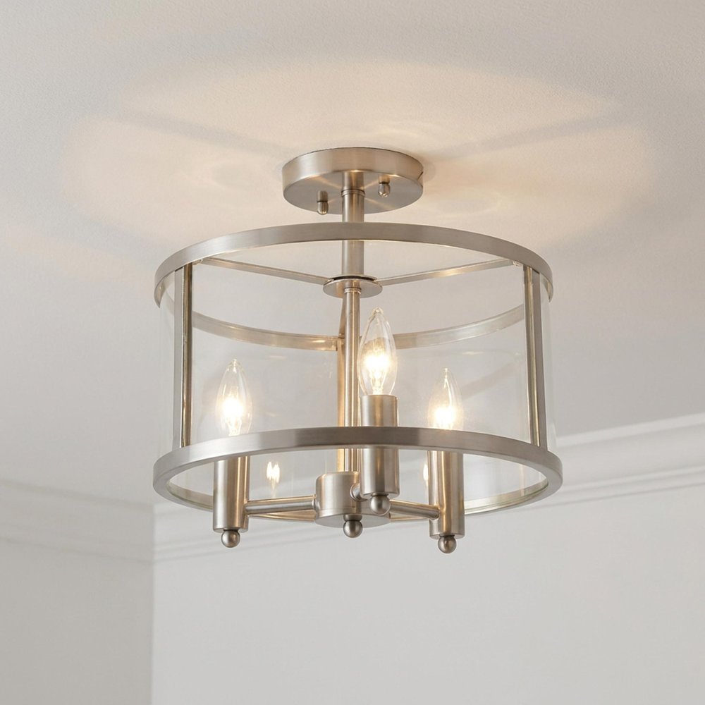 Silver Metal Three Light Drum Transparent and Glass Semi-Flush Ceiling Light With Clear Shades