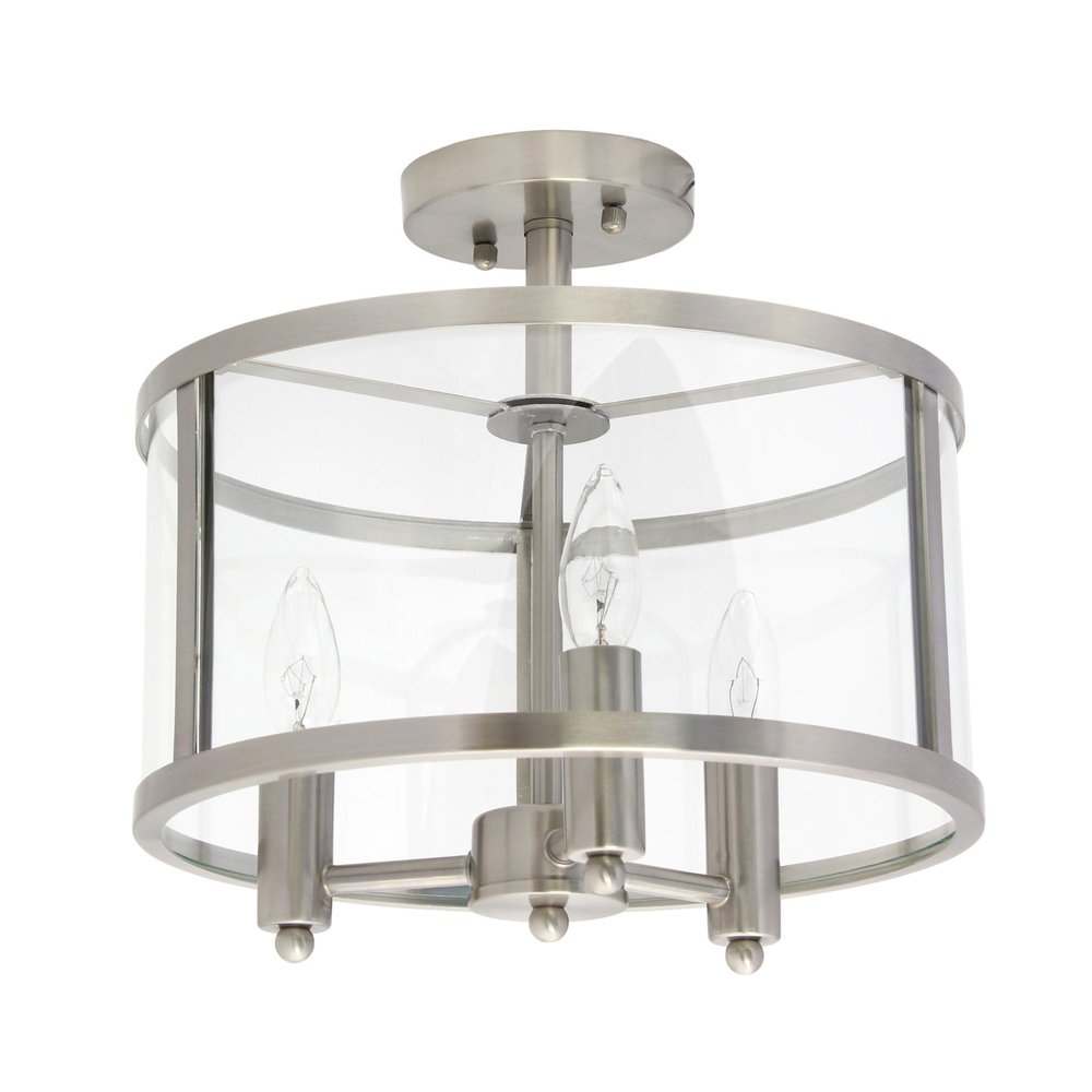 Silver Metal Three Light Drum Transparent and Glass Semi-Flush Ceiling Light With Clear Shades