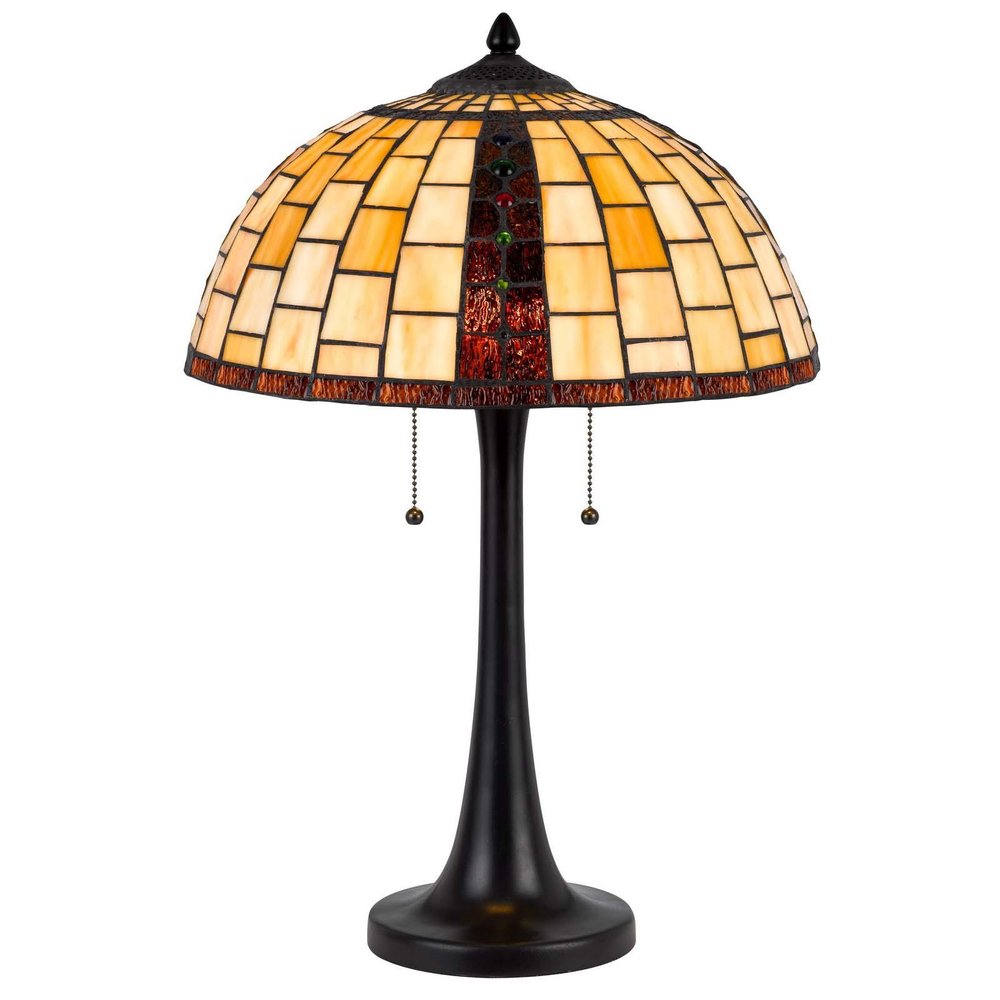 24" Bronze Abstract Two Light Round Tiffany Lamp With Dome Shade. Lamp isolated on a plain white background.