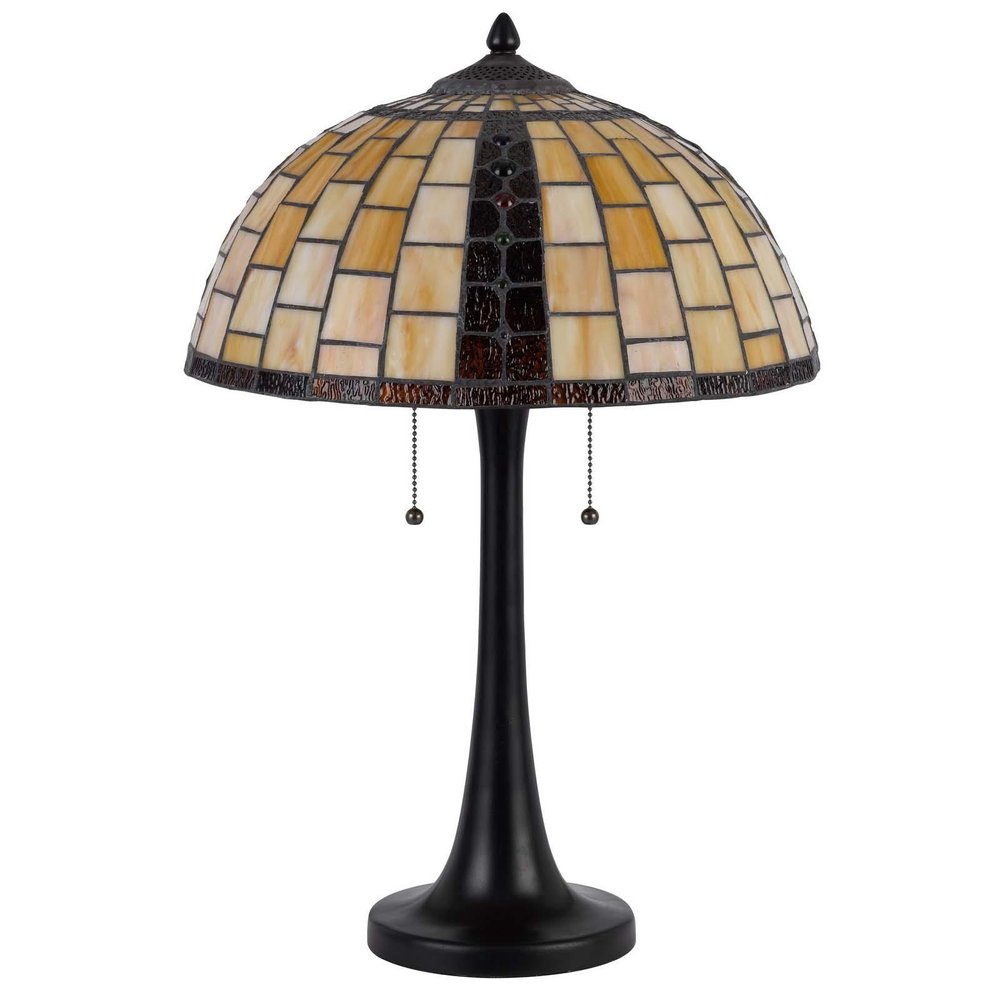 24" Bronze Abstract Two Light Round Tiffany Lamp With Dome Shade. Lamp isolated on a plain white background.