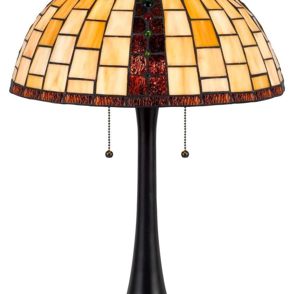 24" Bronze Abstract Two Light Round Tiffany Lamp With Dome Shade. Lamp isolated on a plain white background.