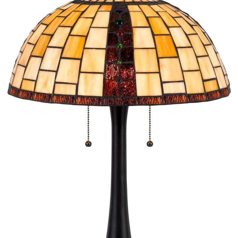 24" Bronze Abstract Two Light Round Tiffany Lamp With Dome Shade. Lamp isolated on a plain white background.