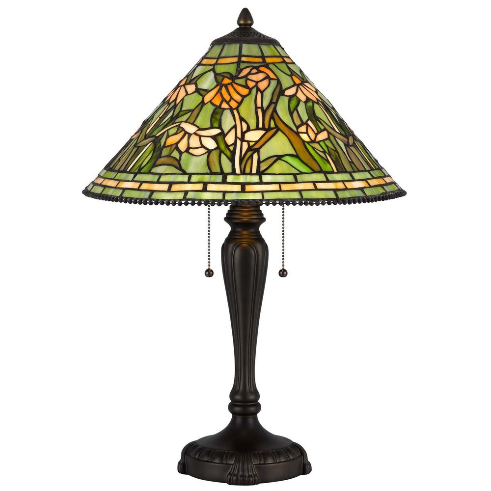 24" Bronze Flowers Two Light Round Tiffany Lamp With Dome Shade. Lamp isolated on a plain white background.