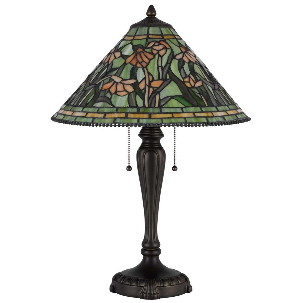 24" Bronze Flowers Two Light Round Tiffany Lamp With Dome Shade. Lamp isolated on a plain white background.