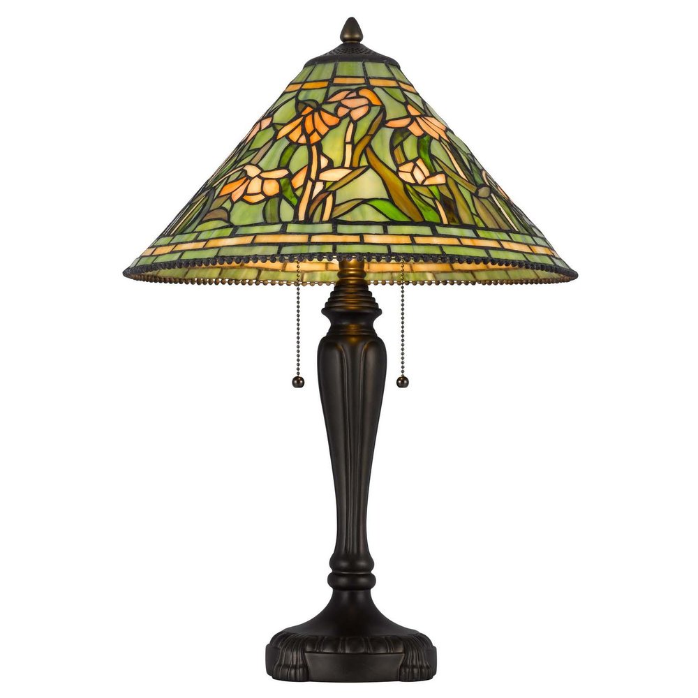 24" Bronze Flowers Two Light Round Tiffany Lamp With Dome Shade. Lamp isolated on a plain white background.