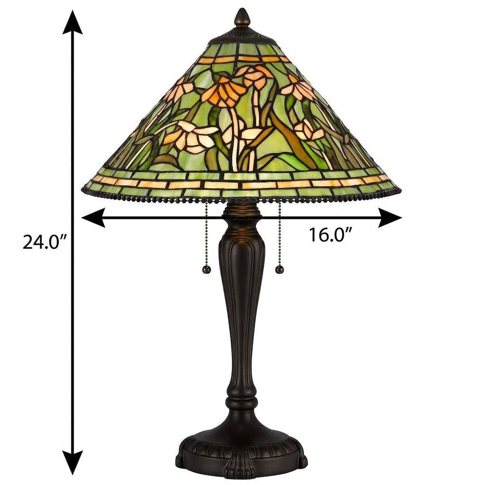 24" Bronze Flowers Two Light Round Tiffany Lamp With Dome Shade. Lamp isolated on a plain white background.