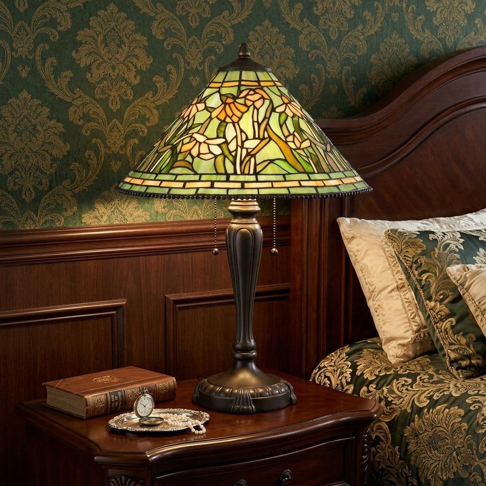 24" Bronze Flowers Two Light Round Tiffany Lamp With Dome Shade styled in a furnished interior with a olive wall on a black floor.