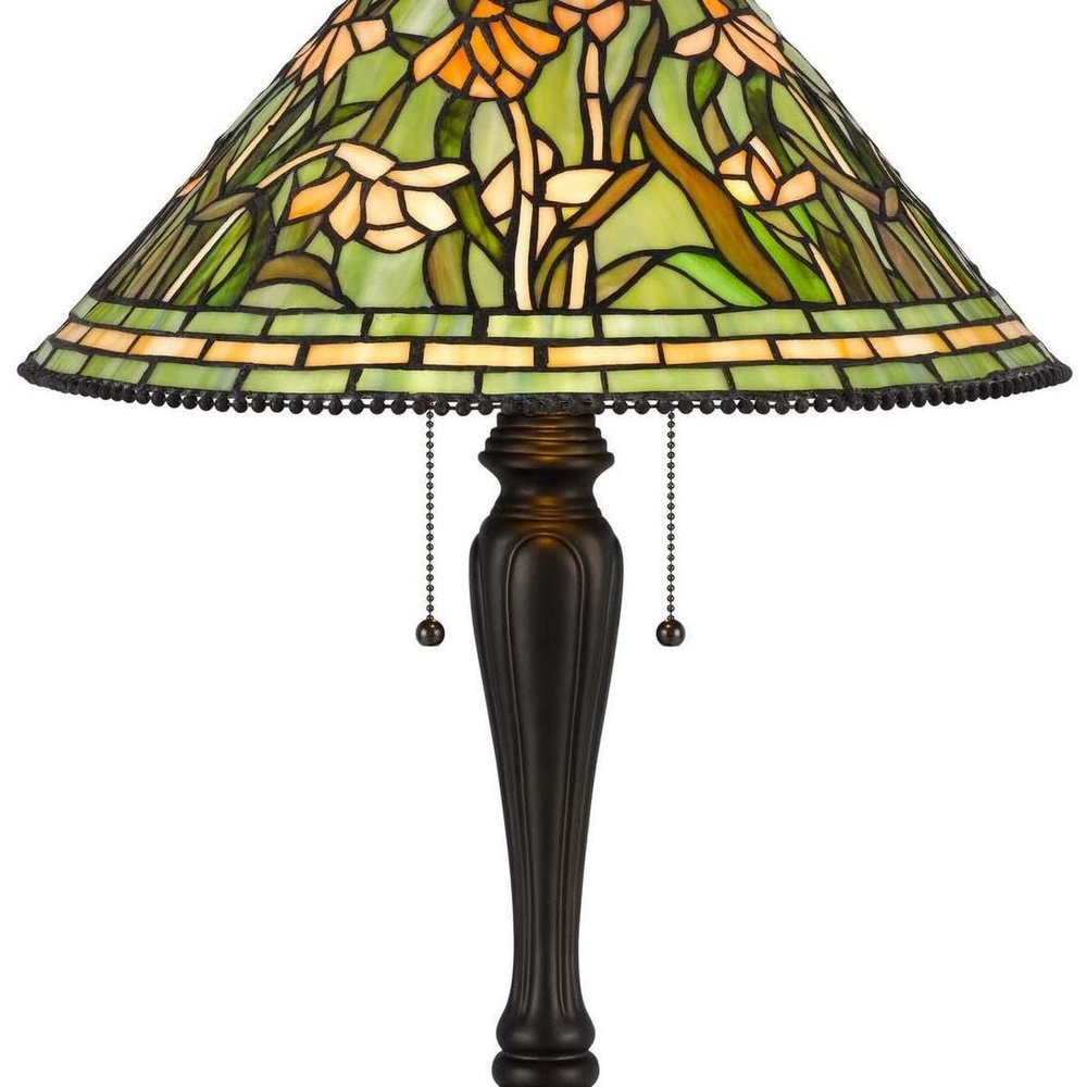 24" Bronze Flowers Two Light Round Tiffany Lamp With Dome Shade. Lamp isolated on a plain white background.