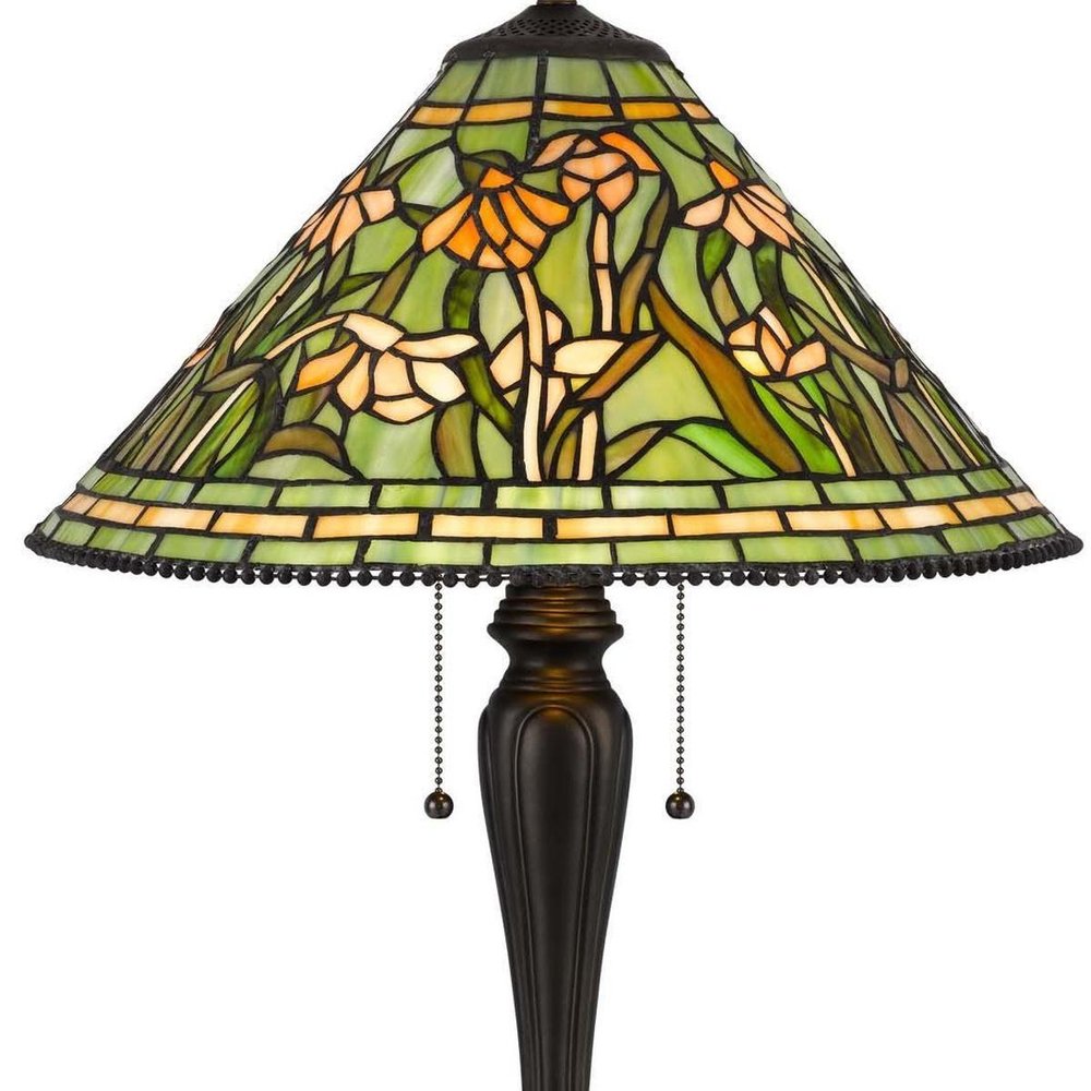 24" Bronze Flowers Two Light Round Tiffany Lamp With Dome Shade. Lamp isolated on a plain white background, showing its bronze color.