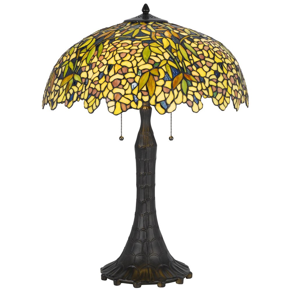29" Bronze Abstract Two Light Round Tiffany Lamp With Dome Shade. Lamp isolated on a plain white background, showing its bronze color.
