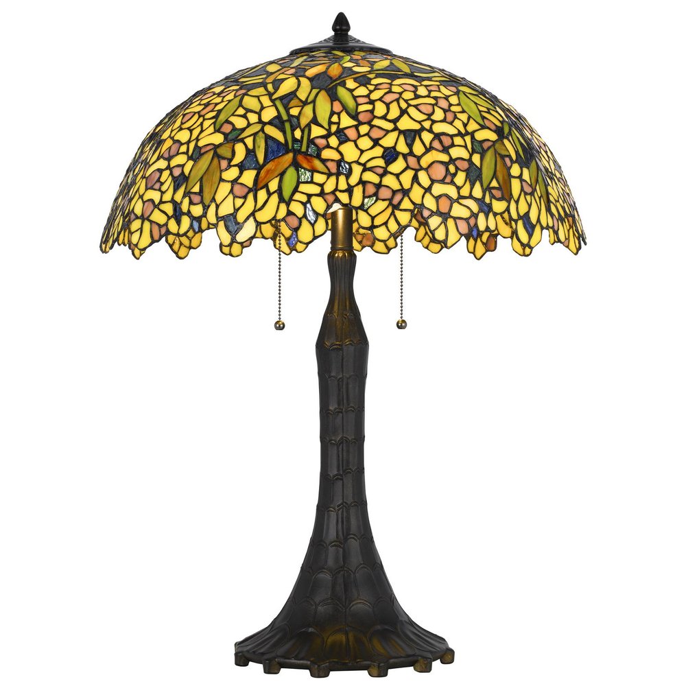 29" Bronze Abstract Two Light Round Tiffany Lamp With Dome Shade. Lamp isolated on a plain white background.