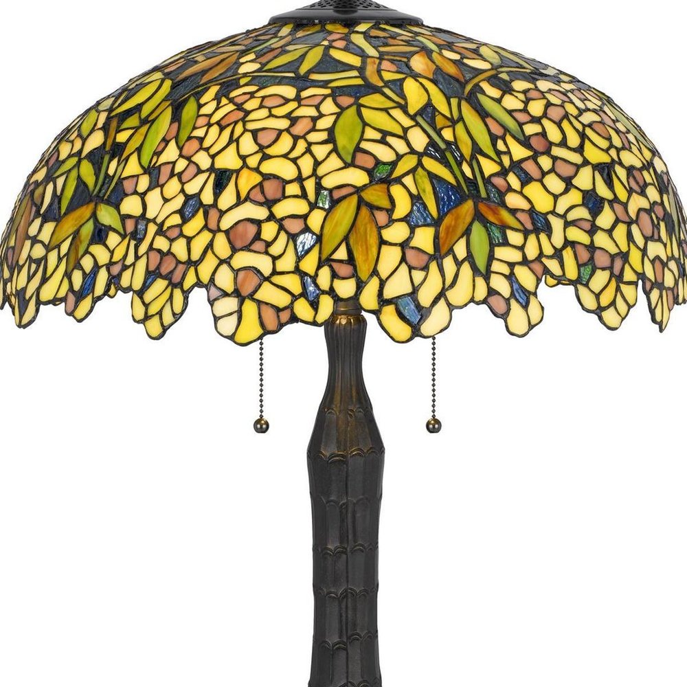29" Bronze Abstract Two Light Round Tiffany Lamp With Dome Shade. Lamp isolated on a plain white background, in a bronze finish.