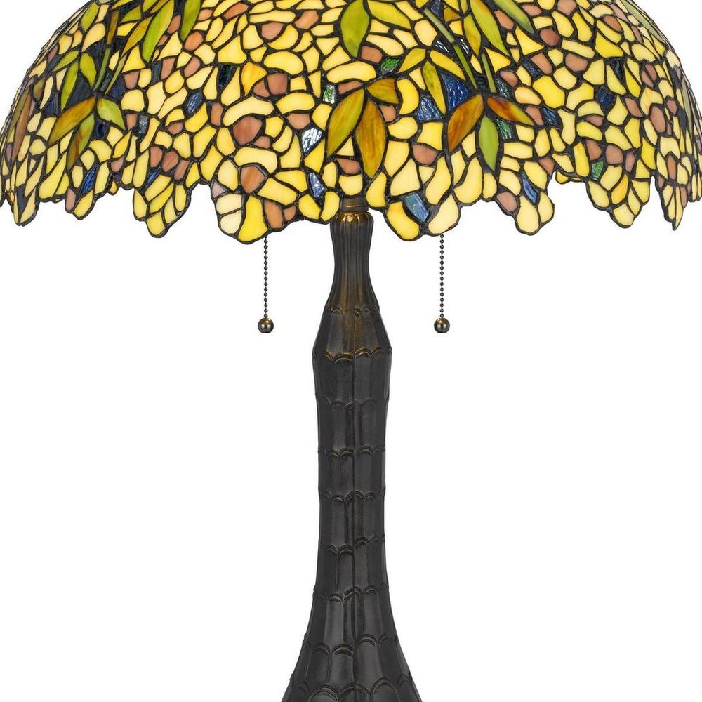 29" Bronze Abstract Two Light Round Tiffany Lamp With Dome Shade. Lamp isolated on a plain white background, showing its bronze color.