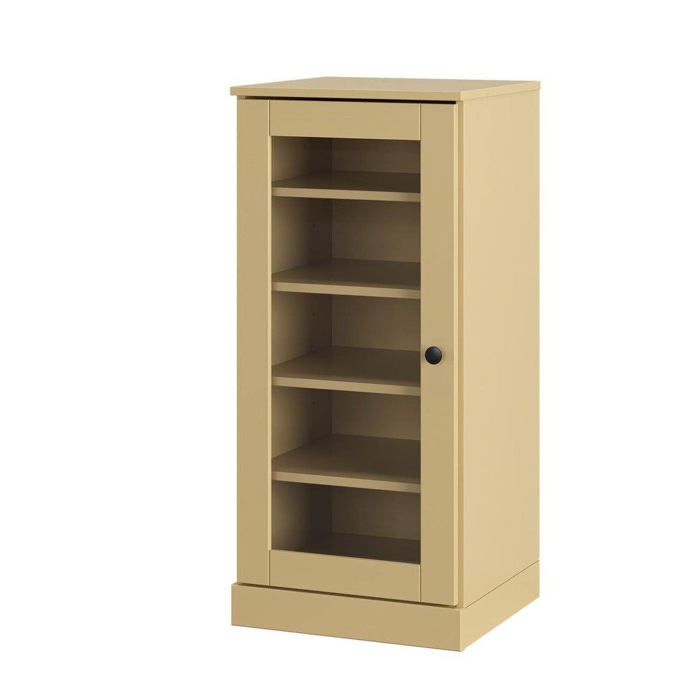 A tall, narrow, yellow wooden shoe storage cabinet with a glass door and five shelves, shown against a white background.