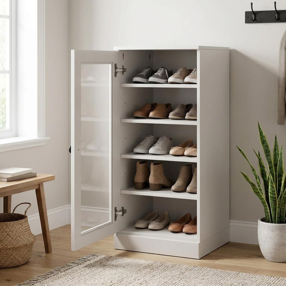 Off White Ten Pair Solid WoodShoe Storage Cabinet