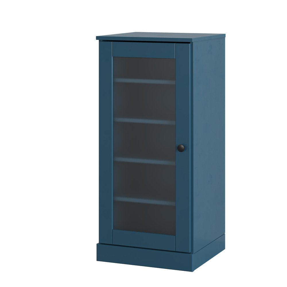 A teal blue wooden shoe storage cabinet with a glass door and four shelves, shown against a white background.